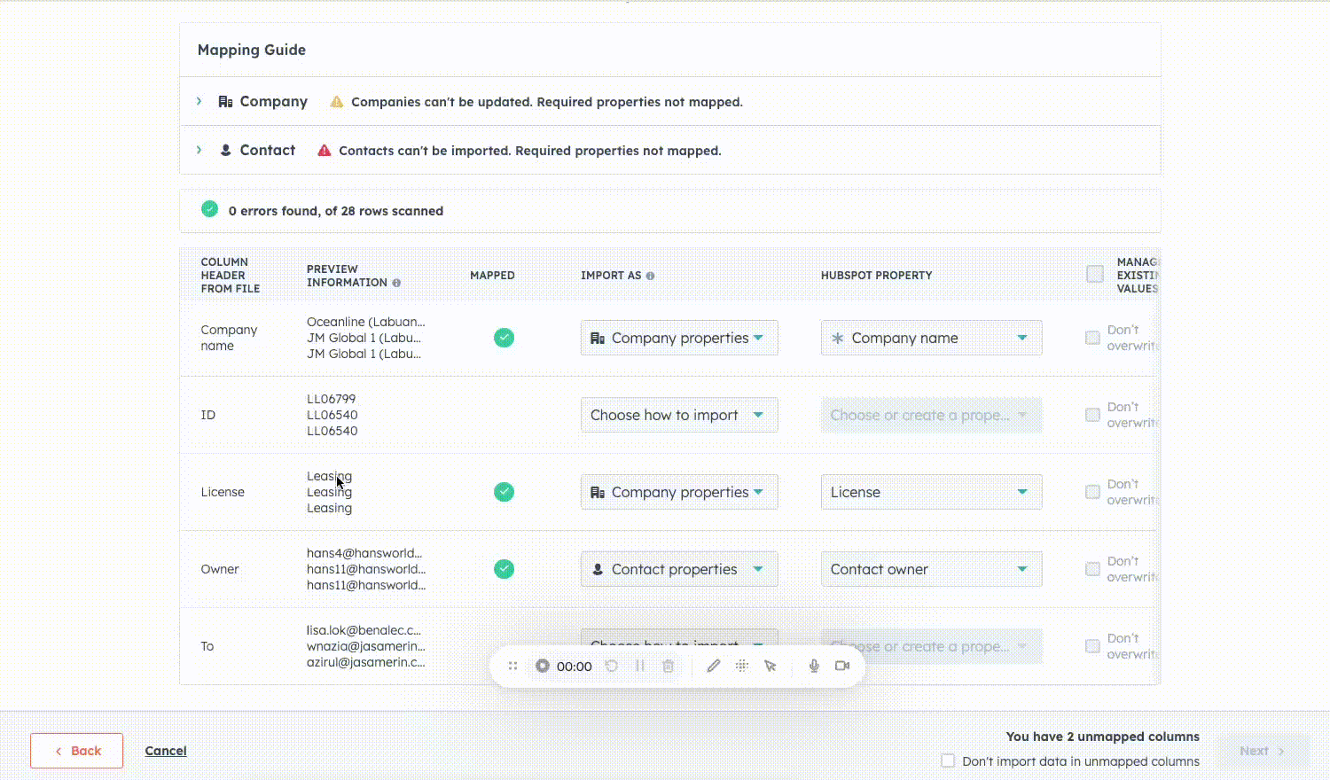 Import a fle to Hubspot - Chose properties